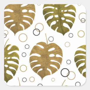 Pegatina Cuadrada Oro tropical: acuarela de hoja de monstera