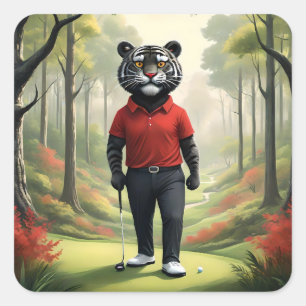 Pegatina Cuadrada "¡Oro! Un tigre negro jugando golf en el bosque"