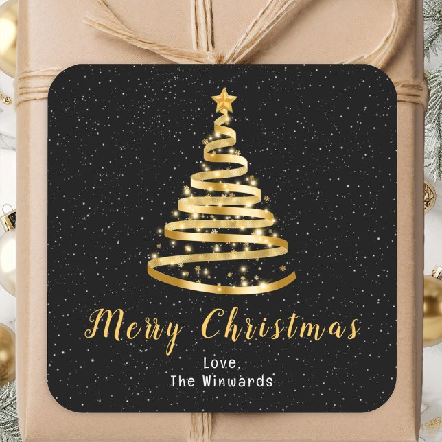 Pegatina Cuadrada Oro y negro Árbol de cinta Feliz Navidad (Subido por el creador)