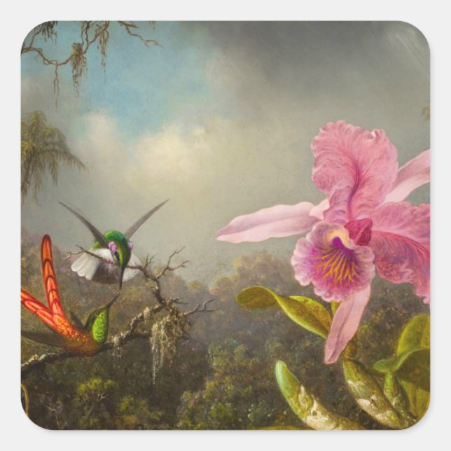 Pegatina Cuadrada Orquídea con dos Hummingbirds Heade (Anverso)