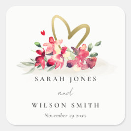 Pegatina Cuadrada Orquídea Oro Rojo Boda de acuarela floral del cora