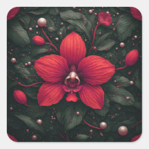 Orquídea Roja en Flor con Hojas Verdes