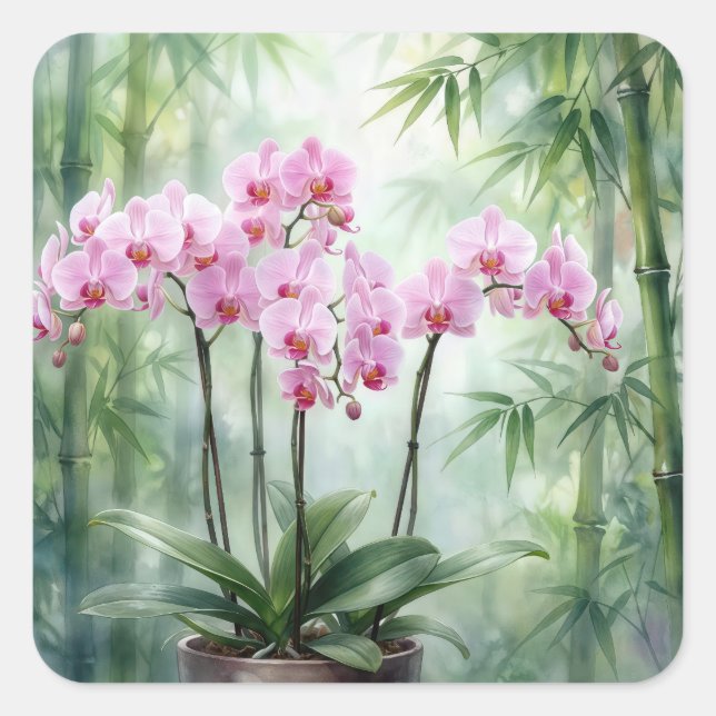 Pegatina Cuadrada Orquídeas rosadas sobre fondo de bambú verde (Anverso)