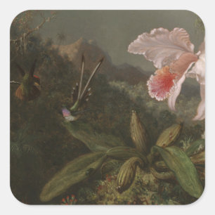 Pegatina Cuadrada Orquídeas y colibríes de la selva