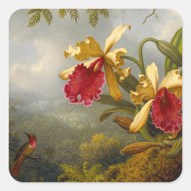 Pegatina Cuadrada Orquids y Hummingbird Heade (Anverso)