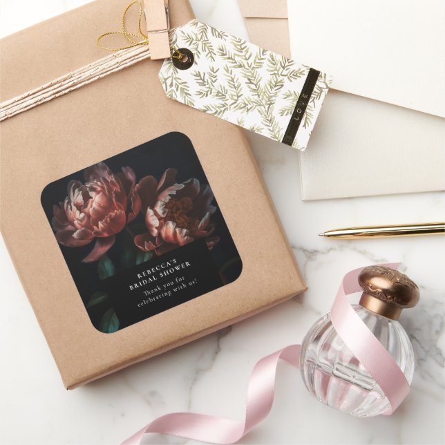 Pegatina Cuadrada Oscuro Moody Romantic Florals Bridal Shower (Regalar)