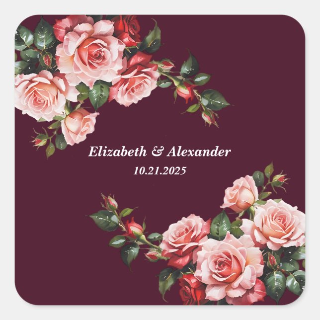 Pegatina Cuadrada Oscuro moody rosa y rosas rojas burdeos boda (Anverso)