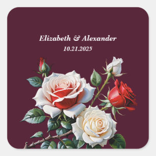 Pegatina Cuadrada Oscuro Rosado blanco rojo rosas floral boda
