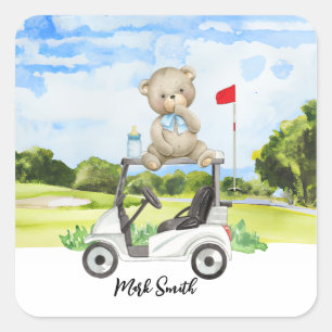 Pegatina Cuadrada Osito de peluche de golf en carrito de golf para b