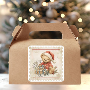 Pegatina Cuadrada Osito de peluche vintage de Navidad con regalos de