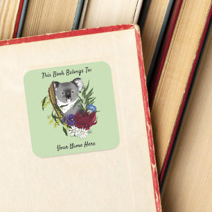 Pegatina Cuadrada Osito Koala Adorable Verde Exlibris Australiano