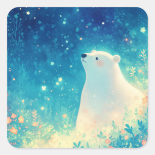 Pegatina Cuadrada Osito Polar Adorable en un Mágico Jardín Nocturno