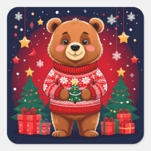 Pegatina Cuadrada Oso Adorable con Jersey de Navidad