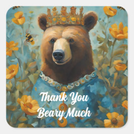 Pegatina Cuadrada Oso Adorable en una corona con flores y abejas