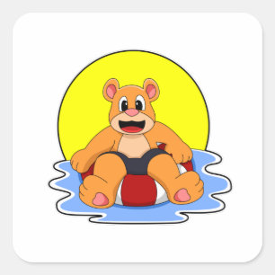 Pegatina Cuadrada Oso al nadar con anillo de natación