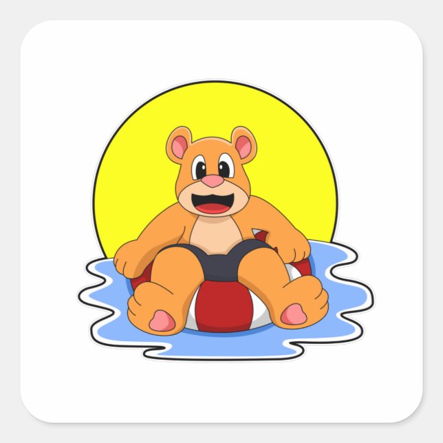 Pegatina Cuadrada Oso al nadar con anillo de natación (Anverso)