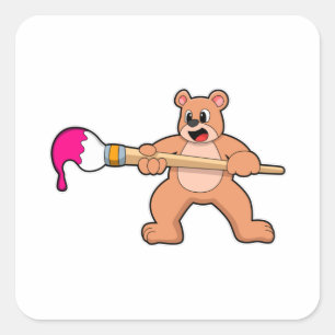 Pegatina Cuadrada Oso al pintar con pincel y pintura