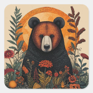 Pegatina Cuadrada Oso Artístico Entre Flores Vibrantes