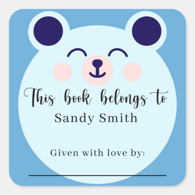 Pegatina Cuadrada Oso Azul - Este libro pertenece con mensaje (Anverso)