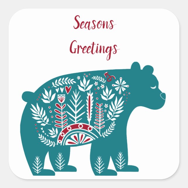 Pegatina Cuadrada Oso azul y rojo escandinavo nórdico (Anverso)