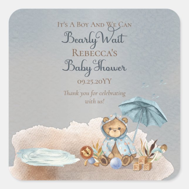 Pegatina Cuadrada Oso | Baby Shower Blue Umbrella Bearly Wait Boy (Anverso)
