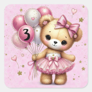 Pegatina Cuadrada Oso Bailarina Rosa Glitter Globo Fiesta de Cumplea