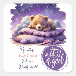 Pegatina Cuadrada Oso Bebé Durmiendo Galaxia Púrpura Chica Baby Show