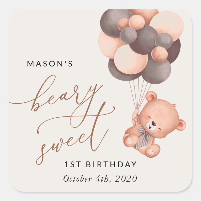 Pegatina Cuadrada Oso Bebé, Globos Marrones, Primer Cumpleaños (Anverso)
