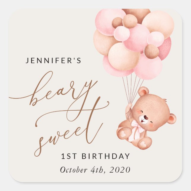 Pegatina Cuadrada Oso bebé, globos rosados, primer cumpleaños (Anverso)
