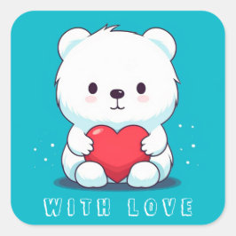 Pegatina Cuadrada Oso blanco con corazón, personalizado