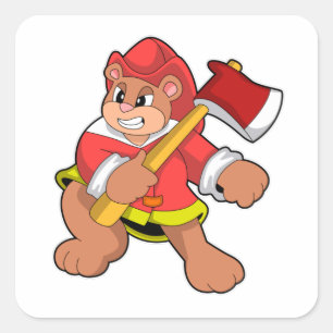 Pegatina Cuadrada Oso como bombero con hacha