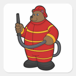 Pegatina Cuadrada Oso como bombero con manguera