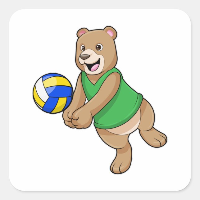 Pegatina Cuadrada Oso como jugador de voleibol con voleibol (Anverso)