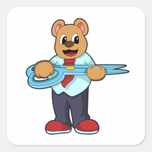 Pegatina Cuadrada Oso como peluquero con tijeras