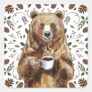 Pegatina Cuadrada Oso Con Café