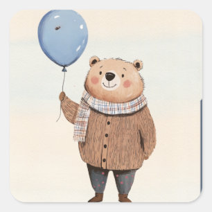 Pegatina Cuadrada Oso con globo azul en una escarcha sudadera marrón