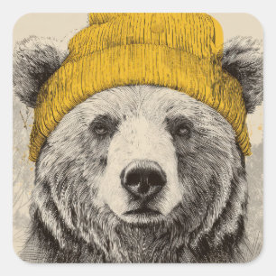 Pegatina Cuadrada Oso con gorro amarillo Bosque rústico Animal 