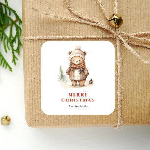 Pegatina Cuadrada Oso Cute de Acuarela Feliz Navidad Fiesta