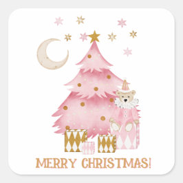 Pegatina Cuadrada Oso de algodón de dulce de invierno rosa