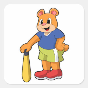 Pegatina Cuadrada Oso de béisbol con bate de béisbol