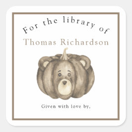 Pegatina Cuadrada Oso de calabaza otoñal - para la biblioteca de