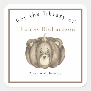 Pegatina Cuadrada Oso de calabaza otoñal - para la biblioteca de