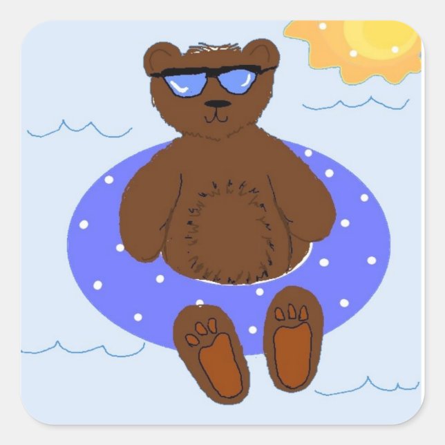 Pegatina Cuadrada Oso de Fiesta en la Piscina (Anverso)