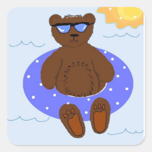 Pegatina Cuadrada Oso de Fiesta en la Piscina