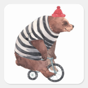 Pegatina Cuadrada Oso de la diversión de la bicicleta