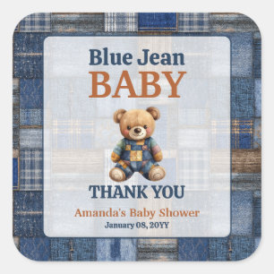 Pegatina Cuadrada Oso de mezclilla occidental de patchwork azul Baby