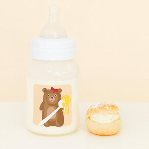 Pegatina Cuadrada Oso de Miel Adorable con Cuchara Y Bow Rojo