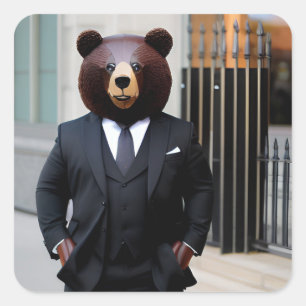 Pegatina Cuadrada Oso de negocios con traje