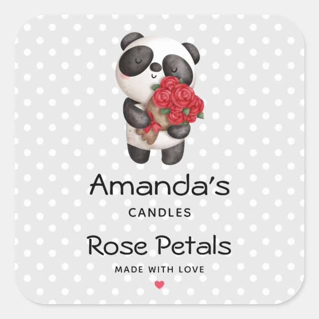 Pegatina Cuadrada Oso de Panda con Velas Rose Bouquet o Jabón (Anverso)