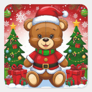 Pegatina Cuadrada Oso de peluche adorable con traje de Santa